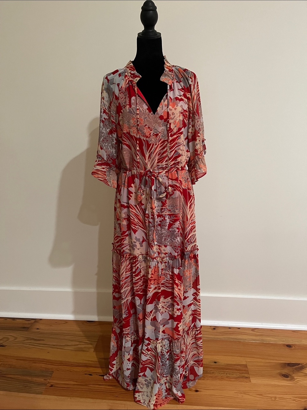 Red & Orange Floral V-Neck Maxi Dress with Waist Tie  Size S NWT